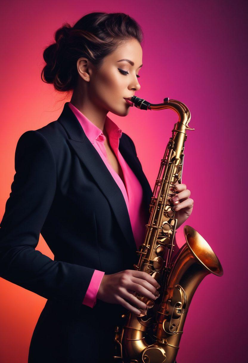 A sultry saxophonist playing an elegant saxophone, surrounded by seductive silhouettes and playful, swirling notes that evoke a sense of eroticism. The background is a mix of soft, warm colors with a hint of neon lights, creating an intimate and vibrant atmosphere. Include elements like abstract shapes and musical notes that intertwine with the images, enhancing the playful theme. super-realistic. vibrant colors. neon glow.