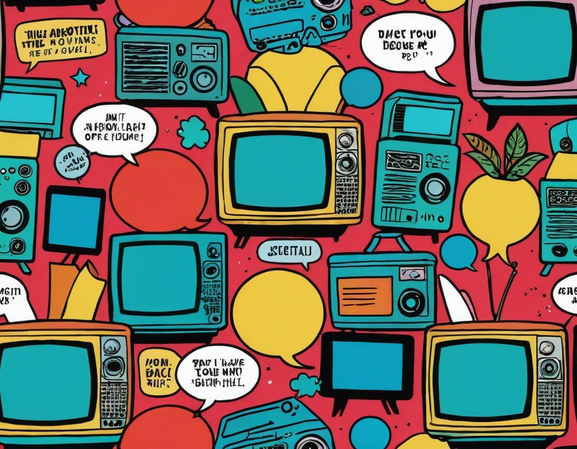 A playful, vibrant collage of comic-style illustrations depicting humorous and flirtatious interactions between characters in various playful scenarios, intertwined with symbols of digital video sharing. Add elements like pop-art speech bubbles with witty one-liners, bright colors, and cheeky expressions, alongside subtle, tasteful hints of sensuality. Include a retro television and modern devices to represent video sharing evolution. comic art style. bright and bold colors.