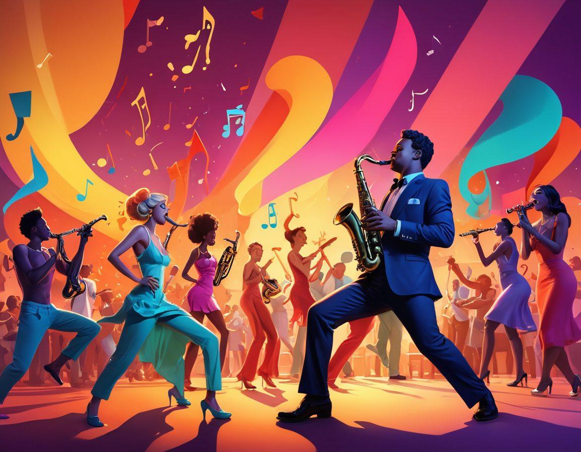 A whimsical illustration of a saxophonist playing passionately on stage, surrounded by playful, oversized musical notes that seem to dance in the air. In the foreground, a diverse group of adults laughing and enjoying the performance, with hints of sensuality depicted through tasteful silhouette figures incorporated into the background. Bright, engaging colors with a humorous twist, capturing the lighthearted essence of adult entertainment. cartoon style. vibrant colors. 3D.